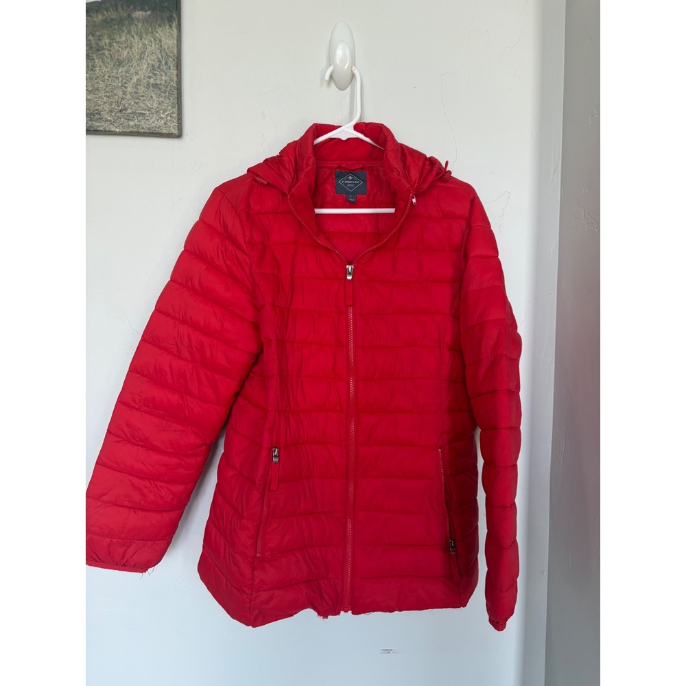 St Johns Bay Womens Red Lightweight Puffer Jacket Hooded Quilted Full Zip L